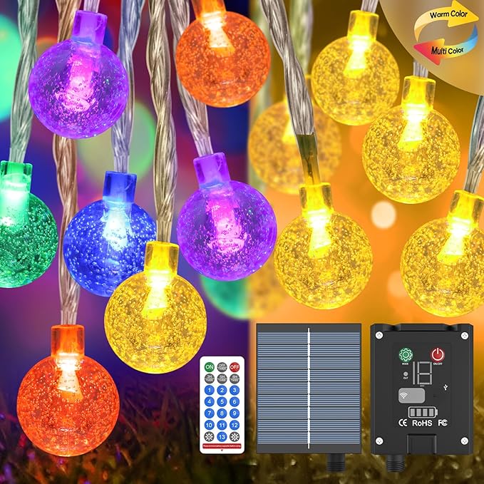 56FT Solar String Lights, 100LED Outdoor Solar Lights with Remote, Color Changing Globe Patio Light, 13 Light Modes, Timing & IP65 Waterproof, Christmas Decoration for Garden Yard