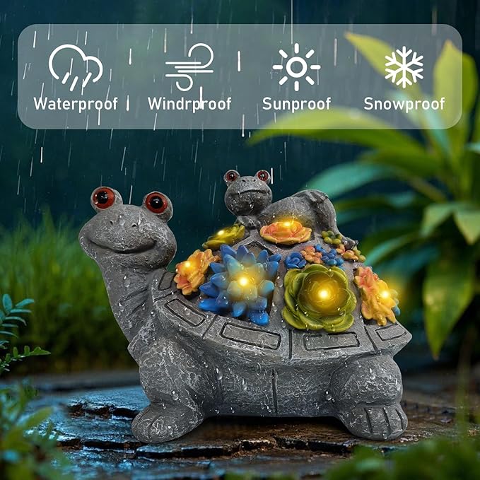 J.CARP Outdoor Solar Garden Turtle Statue with Succulents and 7 LED Lights for Garden, Patio, Lawn, Outdoor Patio and Deck Decorations, Unique Housewarming Gifts