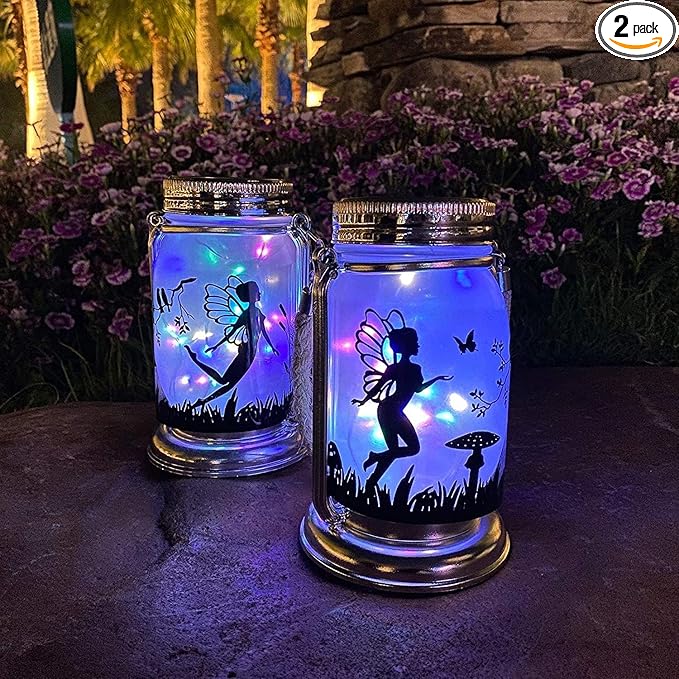 2 Pack Solar Fairy Lantern for Garden Decorations -Gifts for Mom Women Grandma Birthday Outdoor Ornaments Decorations Hanging Lamp Frosted Glass Jar with Stake for Yard Patio Lawn