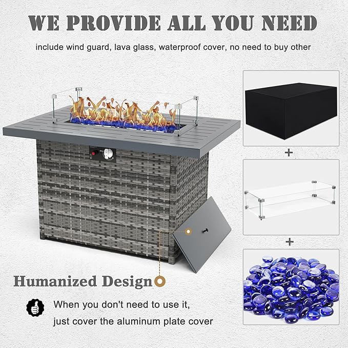 Propane Fire Pit Table,44 Inch 55000 BTU Outdoor Gas Fire Pit Rectangular with Glass Wind Guard for Outside Patio Deck (Gray-Aluminum Top)