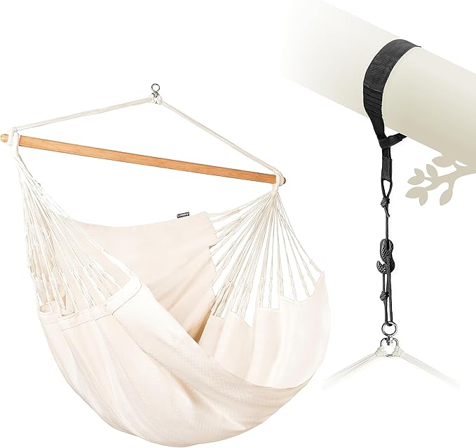 LA SIESTA® XL King Habana Cotton Hammock Chair Swing & Tree Mount Kit - Hammock Swing Chair w/Suspension Kit for Trees Beams & Posts - Indoor Outdoor Hanging Chair for Bedroom Patio - Latte