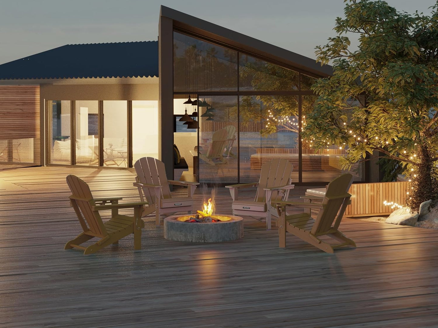 MUCHENGHY Folding Adirondack Chairs 4 Pack, Patio Chairs, Lawn Chairs, Outdoor Chairs, Adirondack Chair Plastic, Fire Pit Chairs, Weather Resistant with Cup Holder for Deck, Backyard, Garden(Teak)