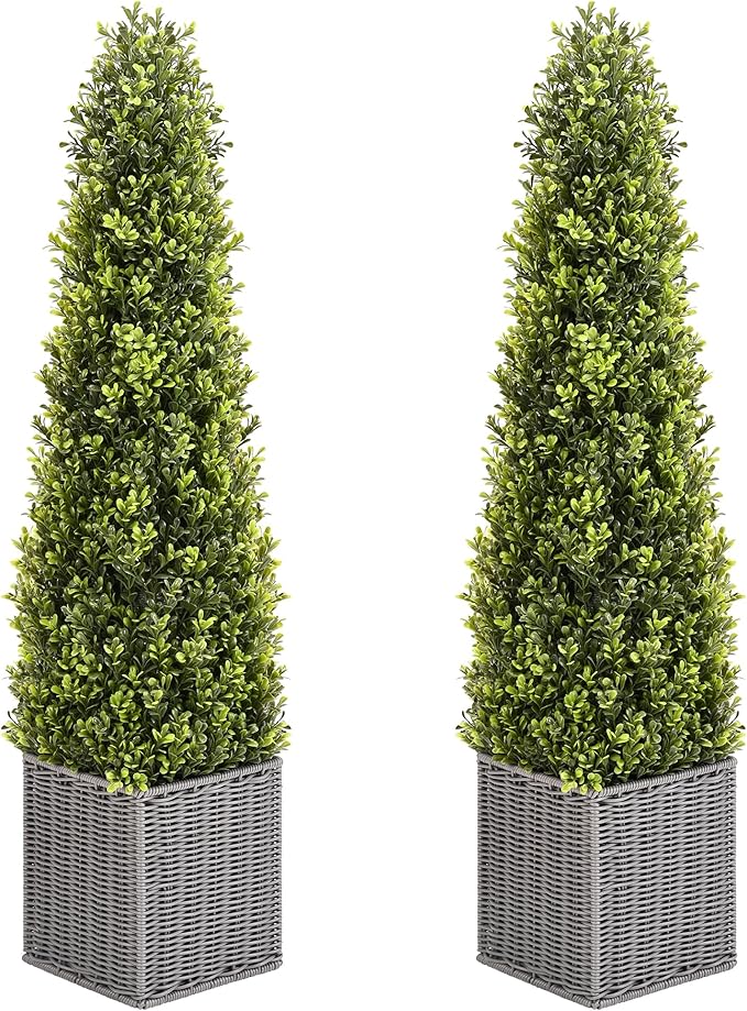 48 Inch Artificial Boxwood Outdoor Topiary Tree Set of 2, 4FT Potted Boxwood Tree Cone Topiary Artificial Plant Shrub for Front Porch Home Office Decor…