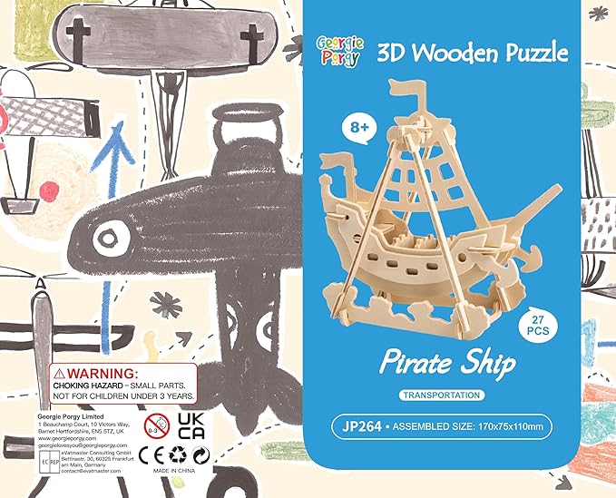 Georgie Porgy 3D Wooden Puzzles for Kids Toys Construction Woodcraft Kits DIY Model Puzzle Kits Birthday Gifts Pack of 6 (Airplane Bus Sports Car Pirate Ship Truck Motorcycle)