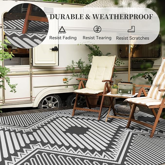 MontVoo Outdoor Rug 9x12 Waterproof Patio Rug-Outdoor Carpet Mat Reversible Plastic Straw Outside Outdoor Rug for RV Camping Picnic Beach Balcony Backyard Pool Deck Porch Modern Boho Grey