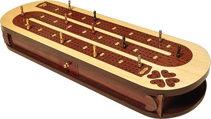 PALM ROYAL HANDICRAFTS 4 Track Wooden Cribbage Board Set Inlaid in Rose Wood and Maple Wood with pegs and Cards. Storage Available. 4 Player Cribbage Board (15 x 5 Inches)