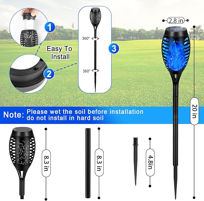 Upgraded Solar Lights Outdoor Waterproof Blue, 12 Pack Solar Torch Light with Flickering Flame, Mini Solar Outdoor Lights Solar Landscape Lights for Garden Porch Yard Pathway Decoration