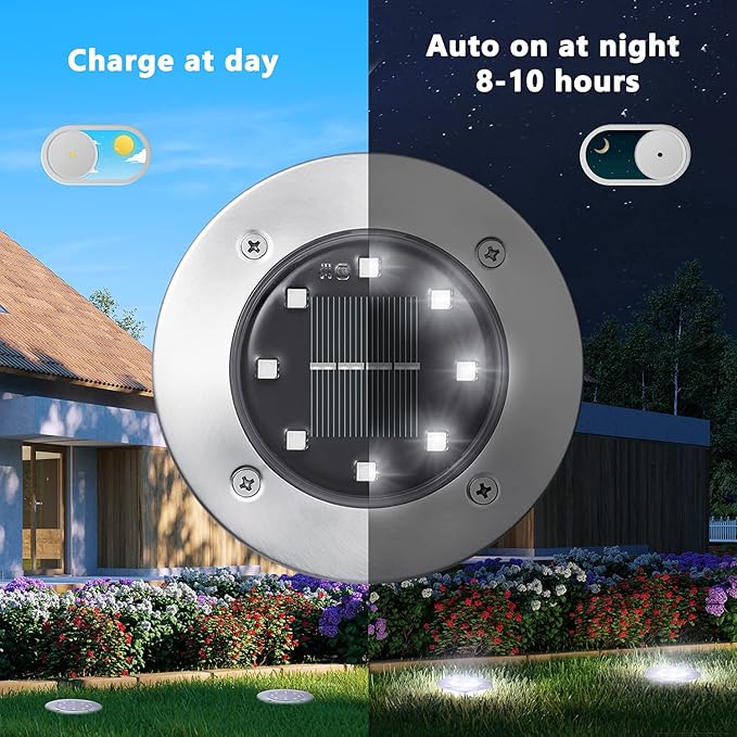 ODEETRONIC Solar Ground Lights, 12 Packs 8 LED Solar Disk Lights, Outdoor in-ground Light Waterproof, Round Solar-Powered Puck Light Flat Lamps for Landscape Pathway Yard Garden Walkway, Cool White