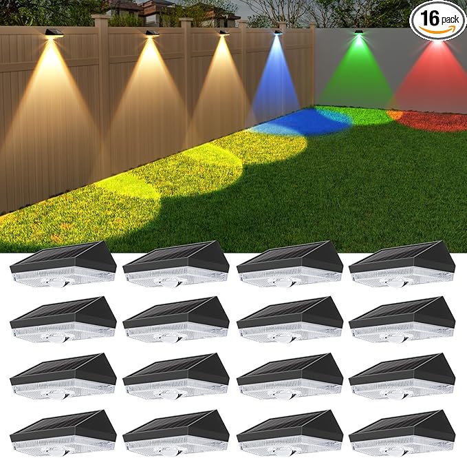 Ellasay Solar Powered Lights for Fence: 10 Lighting Modes with RGB - Waterproof IP65 - Bright Lens LED for Outdoor Wall Garden Deck Patio Porch Yard Pool 16 Pack
