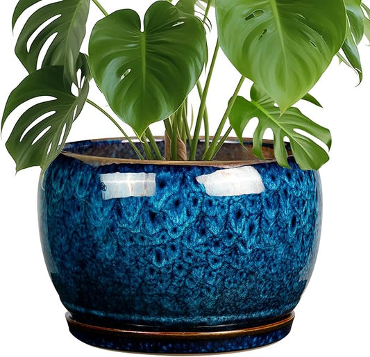 SQOWL 10 Inch Plant Pot - Ceramic Planter Pot with Drainage Hole and Saucer, Decorative Plant Pot for Indoor Outdoor Plants, Round Large Planter Flower Pot, Blue
