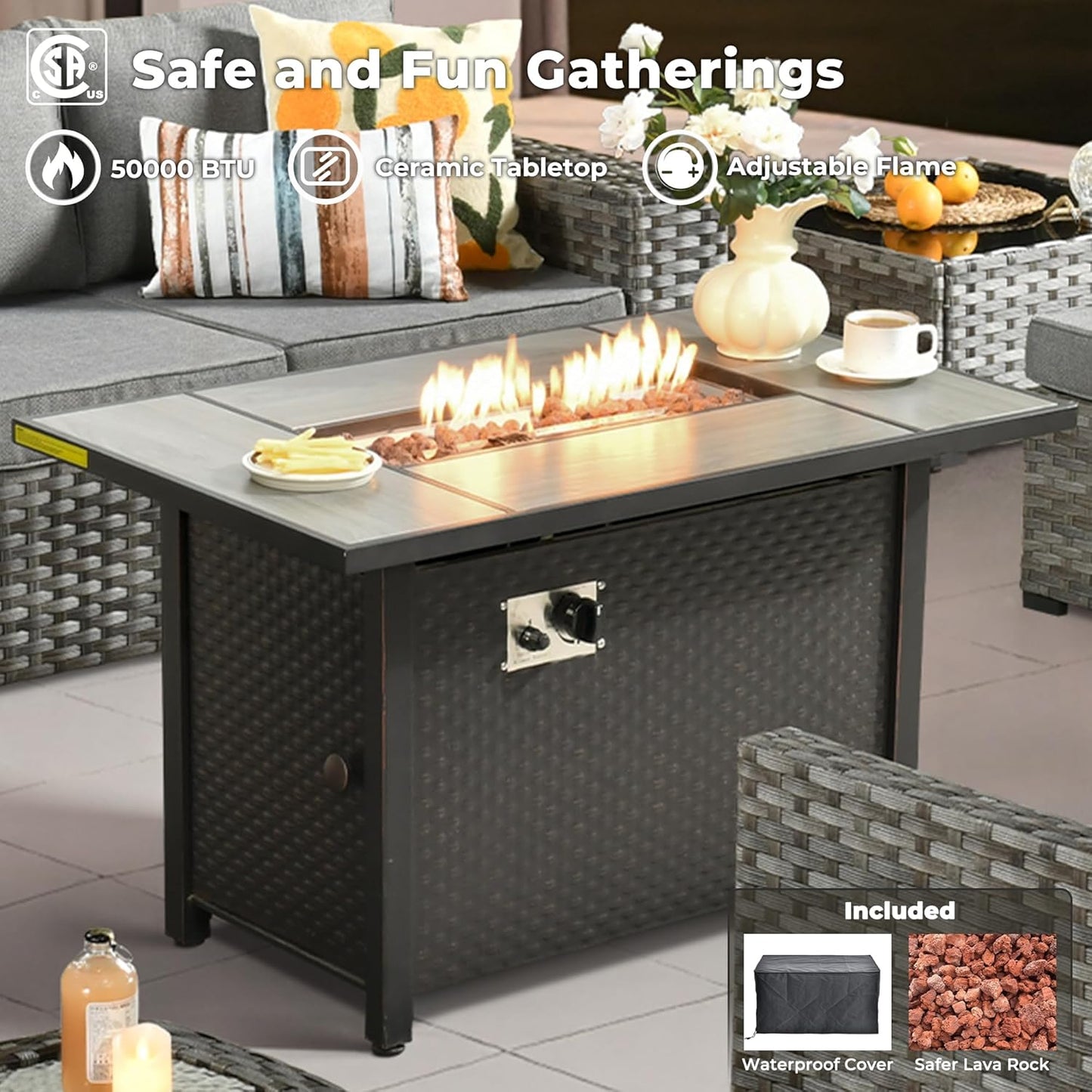 ovios 7 Pieces Patio Furniture Set, Outdoor Wicker Sectional Sofa with 42 Inch Fire Pit Table Comfy Cushions, Modern Modular Deep Seat Rattan Couch Conversation Set, Dark Grey