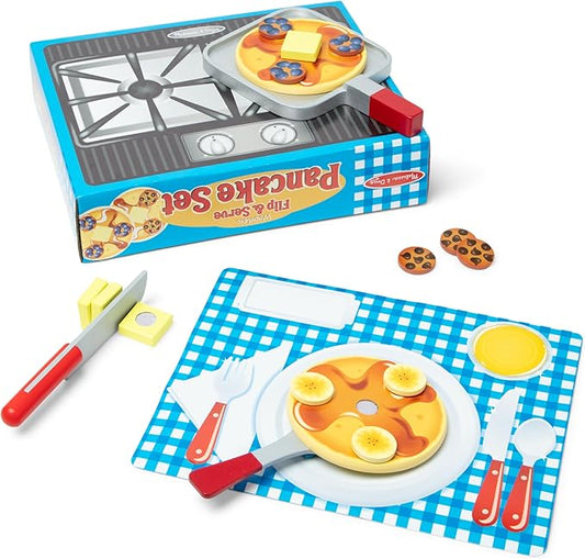 Melissa & Doug Flip and Serve Pancake Set (19 pcs) - Wooden Breakfast Play Food