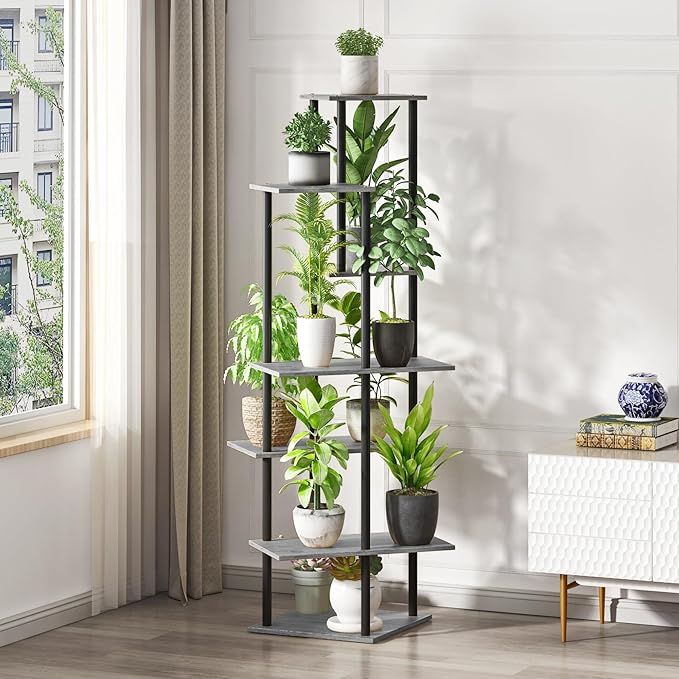 Plant Stand Indoor 7-Tier Metal Wood Plant Shelf for Multiple Flower Pots Corner Tall Flower Holders for Living Room Balcony Bedroom, Oak Grey