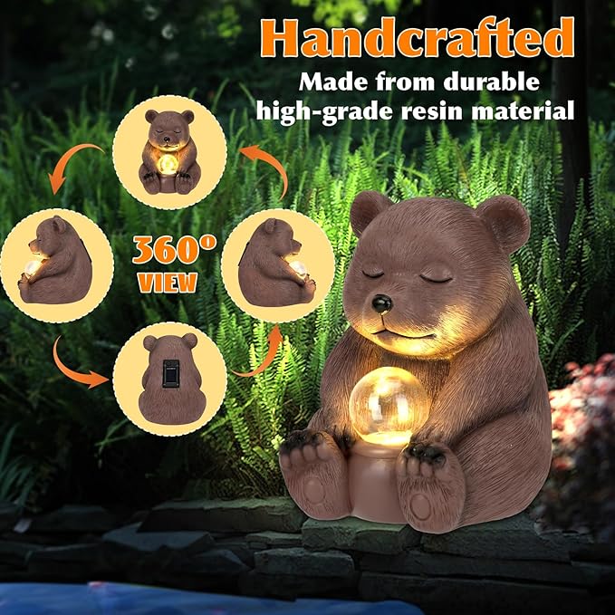 Solar Bear Statue for Outdoor, Garden Decor with Strong Lighting for Yard Art Lawn Ornaments Porch Patio Balcony Home House - Holiday Gifts for Family and Friends