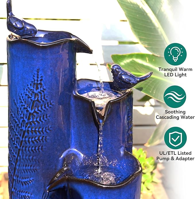 32" H Ceramic Outdoor Water Fountain with LED Lights, 4-Tier Vase Outdoor Fountain, Cobalt Blue Glaze, Embossed Fern Pattern, Cascading Waterfall for Tranquil Garden, Patio, or Porch