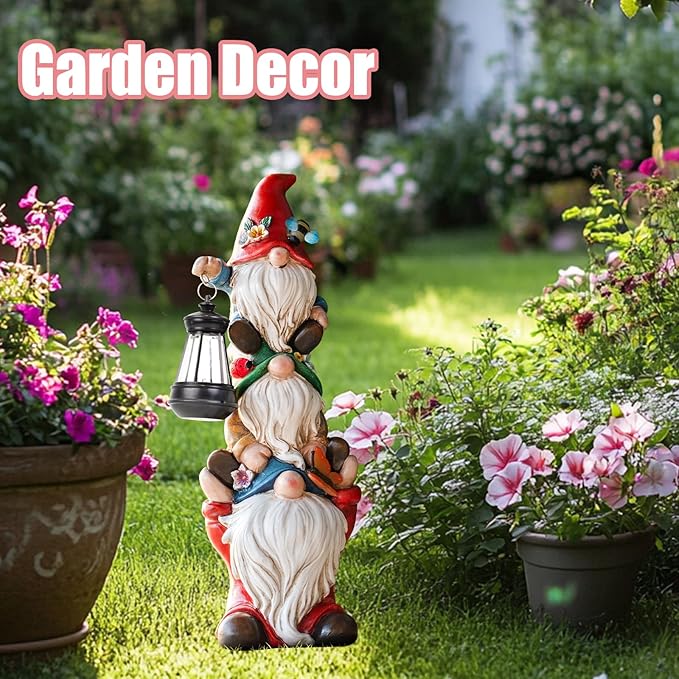 Garden Gnome Statue with Solar Lights Large Garden Sculptures Funny Triple Gnome Outdoor Patio Lawn Yard Balcony Garden Home Decor Gifts for Women Mom 12 in Spring Summer Gnomes Outdoor