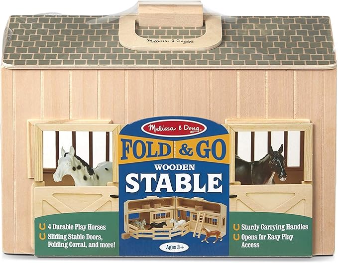 Melissa & Doug Fold and Go Wooden Horse Stable Dollhouse with Handle and Toy Horses (11 pcs)