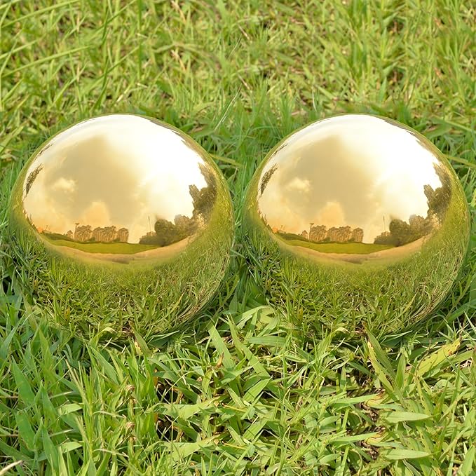 Nerien Gazing Ball, 3.9" Stainless Steel Garden Mirror Globe, Polished Ornament Sphere, Hollow Floating Reflective Hemisphere, Home Outdoor Pond Housewarming Swimming Pool Decoration, Gold, 2pcs