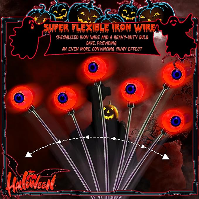 Halloween Decorations Outdoor, 2 Pack Solar Swaying Eyeball Lights, Swaying by Wind, Solar Pathway Lights, Halloween Decor with 2 Lighting Modes, Halloween Stake Lights for Garden Yard(Red)