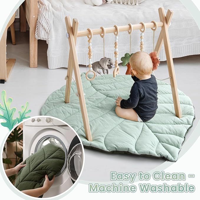 Razee Wooden Baby Play Gym Activity Mat, Leaf Shaped Play Mat Baby Gym with 6 Hanging Sensory Toys Foldable Baby Gym Newborn Infant Baby Use