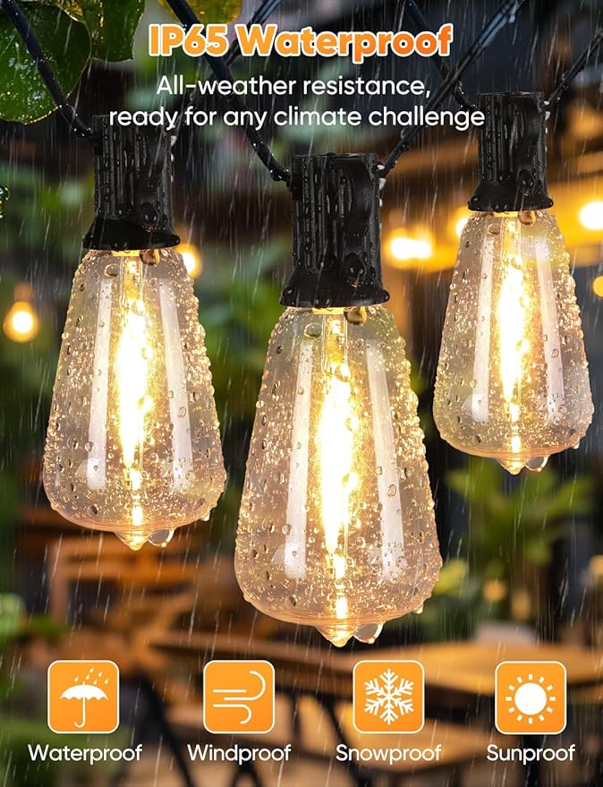 Brightever 3 Color in 1 Outdoor String Lights with Remote, 150FT LED String Lights for Outside with 47 ST38 Vintage LED Bulbs, Waterproof IP65 Outdoor Light for Patio, Bistro, 2700K/4000K/5000K