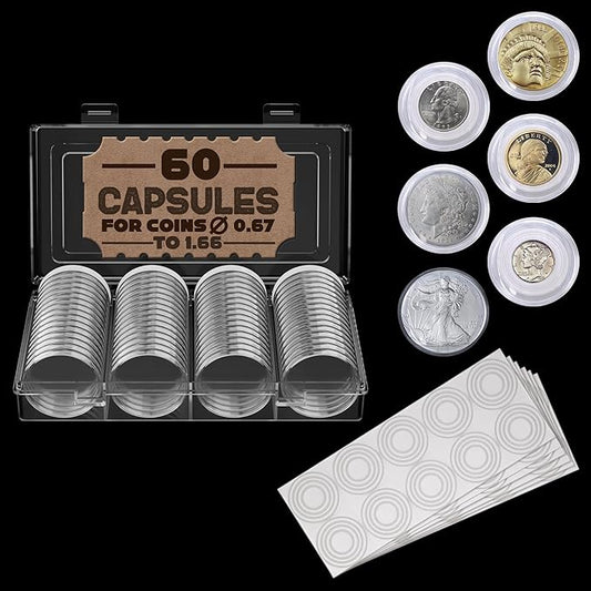 60 Pcs Silver Dollar Holder Case - Universal Sizes (30/33/38/40mm) with Foam Gaskets and Moisture Protection - Transparent Plastic Capsules with Organizer Box for Collectors