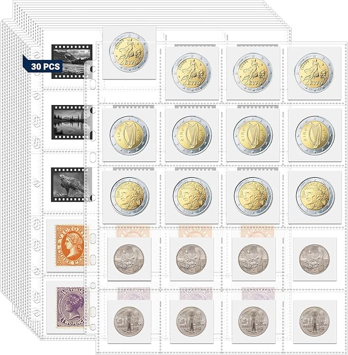 600 Pockets Acid Free Coin Sleeves, Non Stick and Non Glare, Fit for Coin Flips 2x2 inch, 3 Ring Binder Sleeves Clear Plastic Stamp Collecting Supplies, 30 Pack