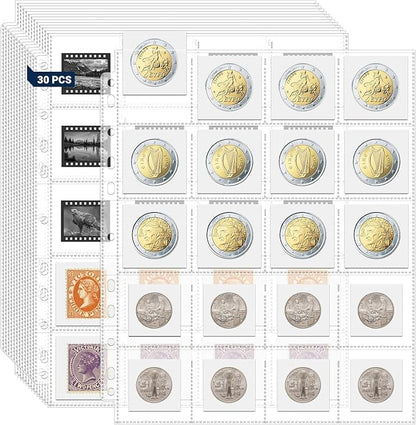 600 Pockets Acid Free Coin Sleeves, Non Stick and Non Glare, Fit for Coin Flips 2x2 inch, 3 Ring Binder Sleeves Clear Plastic Stamp Collecting Supplies, 30 Pack