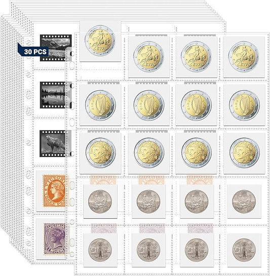 600 Pockets Acid Free Coin Sleeves, Non Stick and Non Glare, Fit for Coin Flips 2x2 inch, 3 Ring Binder Sleeves Clear Plastic Stamp Collecting Supplies, 30 Pack