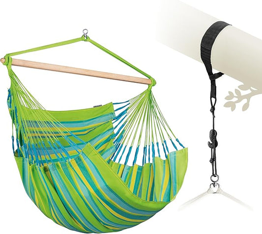 LA SIESTA® XL King Domingo Hammock Chair Swing & Tree Mount Kit - Suspension Kit for Trees Beams Posts - Weatherproof, Outdoor Indoor Hammock Swing - Hanging Chair for Bedroom Patio - Lime