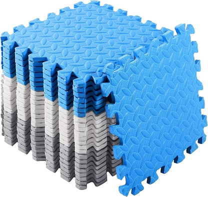 Shihanee Foam Floor Baby Tiles Foam Floor Mats Play Mats Bulk with Borders Interlocking for Kids Baby Playroom Nursery Gym (White, Gray, Blue,64ft)