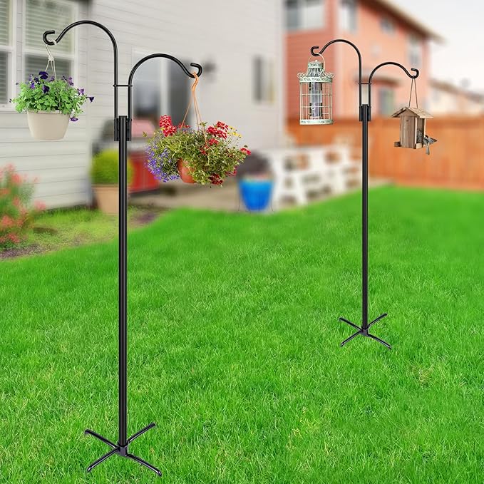 XDW-GIFTS Double Shepherds Hooks for Outdoor, 2-Pack Heavy Duty Garden Pole for Hanging Bird Feeder, Plant Baskets, Solar Light Lanterns, Garden Plant Hanger Stands with 5 Base Prongs