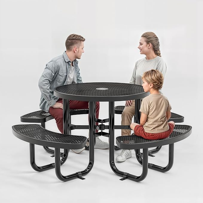 Metal Picnic Tables for Outdoors with Umbrella Hole - Coated Steel Heavy Duty Commercial Grade Table with Adjustable Seats (Black, 38 in, Round, Expanded Steel)