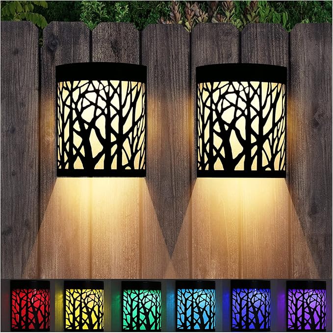 DenicMic Solar Wall Lights Outdoor Wall Sconce Fence Lighting for Patio Front Door Yard Deck Stair Led Forest Decorative Lamps, Waterproof, Warm White/Color Changing (2 Pack)