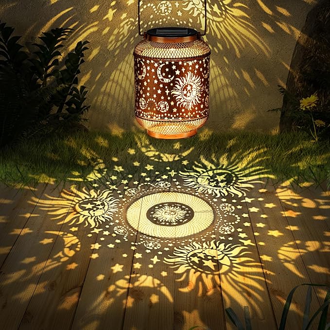 Solar Lanterns Outdoor Garden Decor, Metal Sun Moon Decor Lanterns Birthday Gifts for Women Mom Grandma, Waterproof Hanging Outdoor Solar Lights for Patio, Yard, Lawn, Landscape