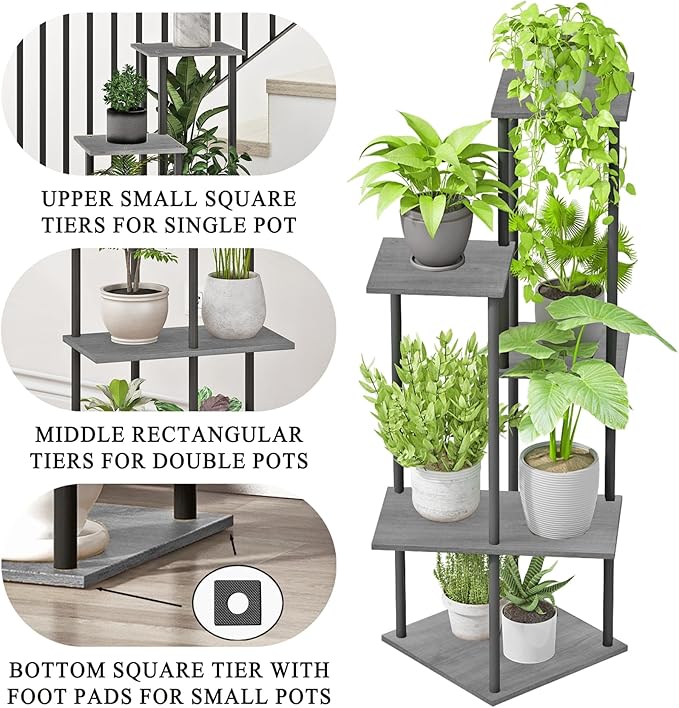 Plant Stand Indoor 5-Tier Metal Wood Plant Shelf for Multiple Flower Pots Corner Tall Flower Holders for Living Room Balcony Bedroom, Oak Grey
