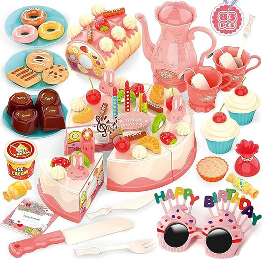 83 PCS Birthday Cake Food Play Set - Food Toy Pretend Cutting Play Cake Desserts Ice Cream and Donuts Food Toys - Birthday Gifts Toy Set for Boys Kids Girls