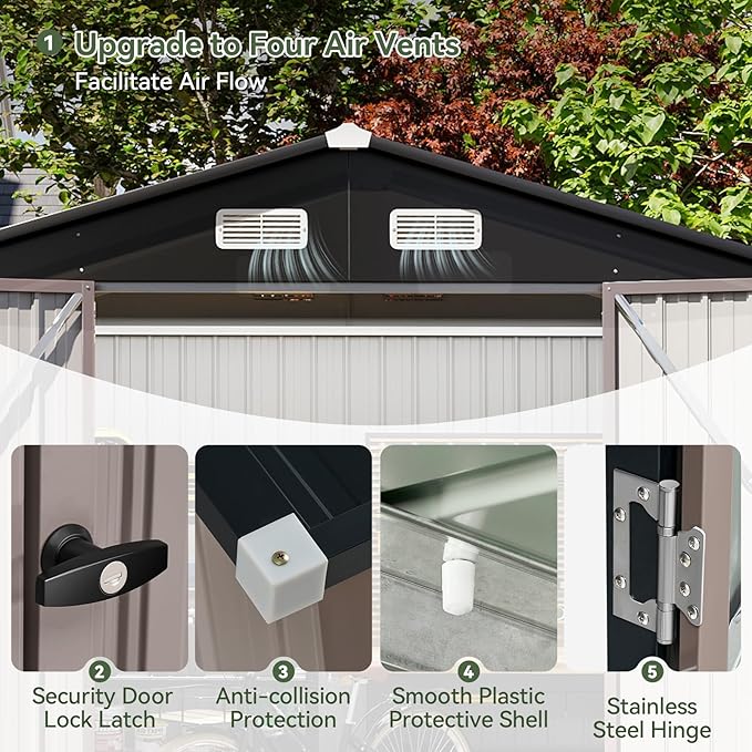 Aoxun 7x5 FT Outdoor Storage Shed with Base Garden Metal Shed with Lockable Door Outdoor Large Shed for Tool, Garbage Can, Bike, Mower, Brown