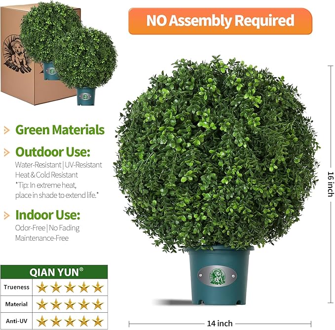 QIANYUN Artificial Plants Outdoor-14Inch Fake Plants Faux Boxwood Plants Outdoor- UV Resistant Shrub for Outdoor/Indoor Decor, Perfect for Porch, Garden, and Backyard