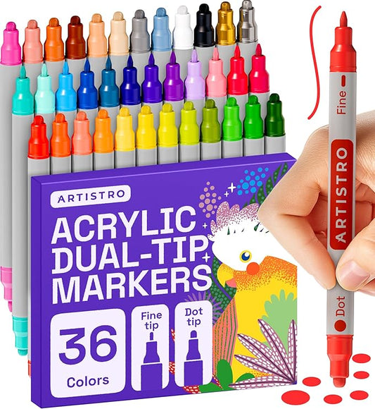 ARTISTRO 36 Acrylic Paint Markers for Rock, Fabric, Wood, Glass, Craft, Decoration - Dual-Tip Paint Pens - Stocking Stuffers, Christmas Gift Idea for Teens, Grandkids, Kids - Art Supplies