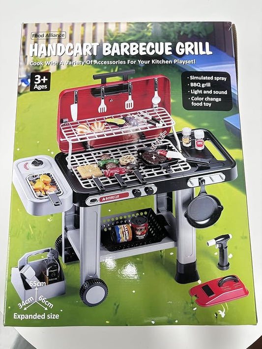 Kids BBQ Grill Kitchen Playset, Color Changing Play Food, Sizzling Sound & Light Effects, Cool Mist Spray, Pretend Cooking with Frying & Grilling, 2-Tier BBQ on Wheels - Kitchen Toy Gift Ideas
