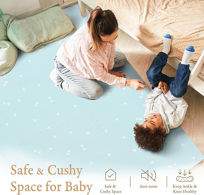 Popsykosy Premium Exercise & Baby Foam Play Mats - Stylish & Large Non-Toxic Puzzle Floor Mat - 6 Tiles - Spacious 6ft x 4ft - Peel-Resistant Reinforced - Soft, Thick, Waterproof - Triangle Blue