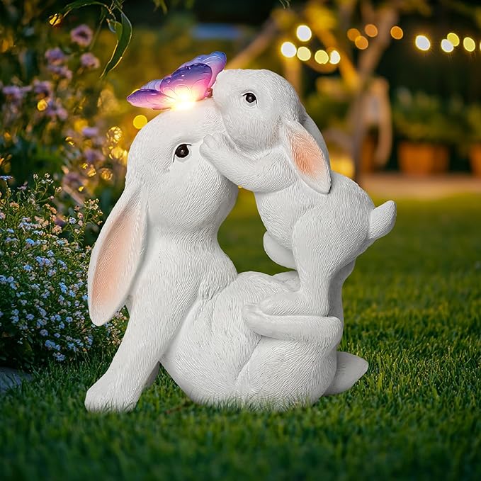 Easter Bunny Figurines Solar Garden Outdoor Statue with Butterfly Decorations Lights Easter Bunnies Decor Gifts for Women Mom Rabbit Statue for Outside Yard Patio Garden Lawn Ornament