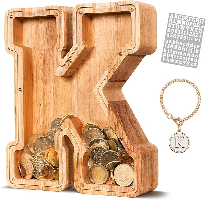 KMC Wooden Letter Piggy Bank, Personalized Initial Piggy Bank for Kids Boys, Clear Alphabet K Wood Money Box, Unbreakable Coin Saving Jar, Birthday, for Children