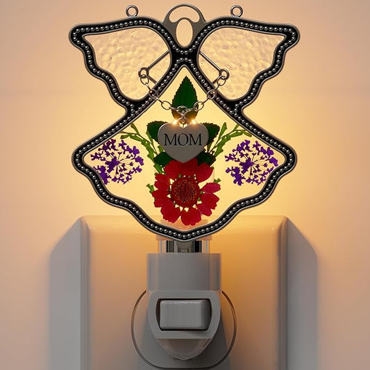 KY&BOSAM Night Light Mom Stained Glass Angel Night Lights Plug Into Wall with Real Flower in Glass and Metal Charm Night Light for Nursery Bedroom Bathroom Decorative Accent Lite Elegant Home Decor