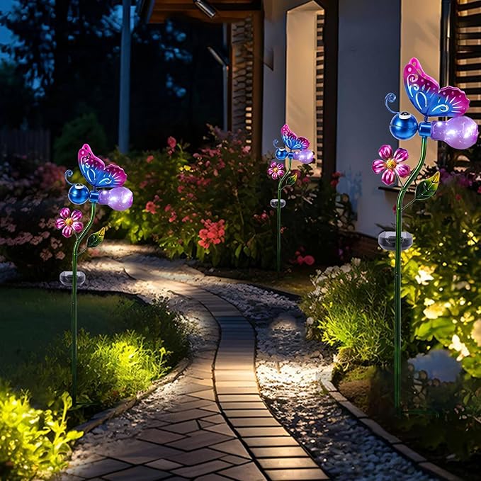 VCUTEKA Solar Garden Lights Metal Flower Decor Colorful Solar Pathway Light with LED Cracked Crystal Ball Outdoor Decorative Stake for Patio Yard Lawn Garden Decor (Purple)