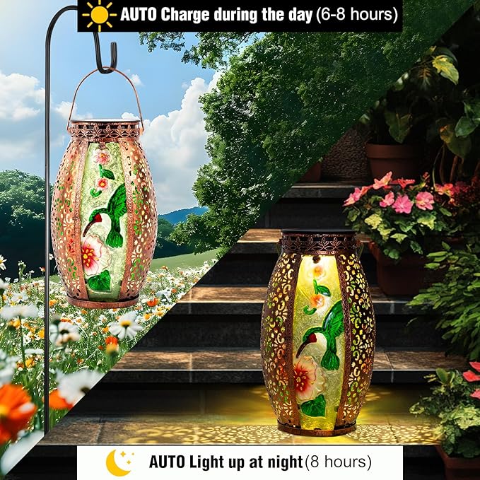 Larekook Outdoor Solar Lantern-Waterproof Hummingbird Hanging Metal Decorative Lights for Patio Table Garden Pathway Yard with Super Bright Warm White LED,Large Solar Panels,Auto On/Off Sensor
