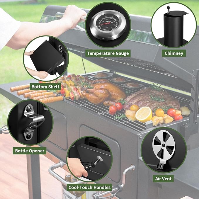 Kenadne Charcoal Grill Outdoor BBQ Grill, Extra Large Cooking Area 794 Square Inches with Two Individual & Adjustable Charcoal Tray, Foldable Side Tables for Outdoor Cooking grill Backyard
