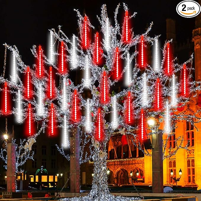 2-Pack Meteor Shower Lights Outdoor Waterproof, Rain Drop Christmas Lights Total 384 LED 30cm 16 Tubes Snow Cascading String Lights Plug in for Xmas Tree Wedding Party Garden Décor (Red and White)