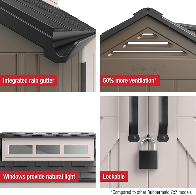 Rubbermaid Large Resin Outdoor Storage Shed With Floor (7 x 7 Ft.), Weather Resistant, Brown, Organization for Home/Lawn Mower/Backyard Equipment/Bike Storage/Pool Supplies